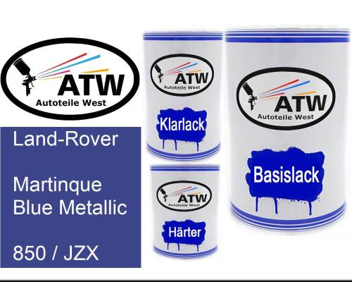 Land-Rover, Martinque Blue Metallic, 850 / JZX: 500ml Lackdose + 500ml Klarlack + 250ml Härter - Set, von ATW Autoteile West.